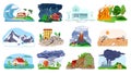 Natural disaster, catastrophe set of vector illustrations with tornado, blizzard, fire, tsunami. Hurricane, crisis in