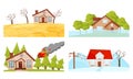 Natural Disaster with Forest Fire and Waterflood Vector Illustrations Set Royalty Free Stock Photo