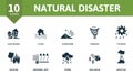 Natural Disaster icon set. Contains editable icons natural disaster theme such as flood, tornado, wildfire and more.