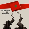 Natural disaster in Marrakech, High Atlas mountain range on 8 September 2023. Massive cracks with Moroccan flag and map.