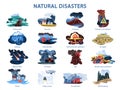Natural disaster set. Earthquake and flood, forest in fire Royalty Free Stock Photo