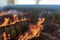 Natural Disasters, aerial view of bushfires destroying large forest areas, created with Generative AI