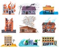 Natural disasters cataclysms ruined, destroyed, flooded houses. Ruined abandoned broken city residential houses vector