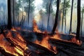 Natural Disasters, ground view of bushfire destroying large forest areas, created with Generative AI