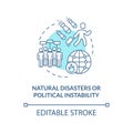 Natural disasters or political instability blue concept icon
