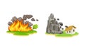 Natural disasters set. Forest fire and rockfall cataclysms cartoon vector illustration