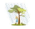 Natural disasters, severe weather conditions hurricane, rain. Girl hiding from heavy downpour. Man holding on to tree fleeing