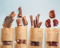 Natural dried treats for dogs. Treats for rewarding and training dogs. Dried meat products for dogs. Animal care