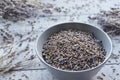 Natural dry lavender flowers tea in ceramic bowl Royalty Free Stock Photo