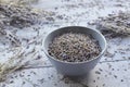 Natural dry lavender flowers tea in ceramic bowl Royalty Free Stock Photo