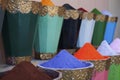 Natural dyes, colorful and vibrant pigment powders in wooden pots Royalty Free Stock Photo