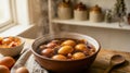 Natural Easter Egg Dyeing Process with Onion Skins in Rustic Kitchen - natural dye focus Royalty Free Stock Photo