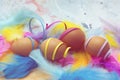 Natural easter eggs with colorful feathers and confetti