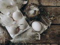 Natural easter eggs, feathers, willow branches, nest on rustic aged wooden table. Rural still life Royalty Free Stock Photo