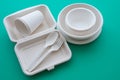 Natural eco-friendly disposable utensils fork, spoon, dish plate, bowl, cup and fast food box container made of fiber of bagasse Royalty Free Stock Photo