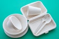 Natural eco-friendly disposable utensils fork, spoon, dish plate, bowl, cup, fast food box container made of fiber of bagasse Royalty Free Stock Photo