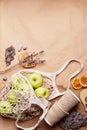 Natural, eco-friendly, zero waste background. Eco shopping bag with apples among bark tree, pebbles. Sustainable