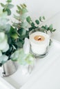 Natural eco home decor with green leaves and burning candle on t Royalty Free Stock Photo