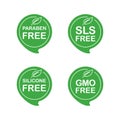 Paraben free, SLS, Silicone, GMO free icons set