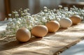 Natural eggs arranged on a burlap cloth with delicate white flowers in a sunlit setting, creating a rustic and Royalty Free Stock Photo
