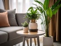 Natural Elegance: Close-Up of Contemporary Living Room Wooden Round Table with Decor Plants