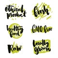 Natural elements for organic food and beverage. Gmo free and locally grown signs. Rough typography on green splotches Royalty Free Stock Photo