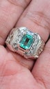 Natural emerald silver ring for men. The hand carved ring with vintage and Malay traditional design.