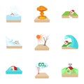 Natural emergency icons set, cartoon style