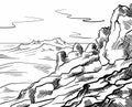 Natural engraving sketch of mountains with fields. Landscapes of stones and rocks. Rock climbing and active tourism. Vector ink