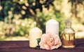Natural essential oil, fragrant roses and candles. Spa concept. Romantic concept. Copy space
