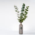 Natural eucalyptus plant twigs in vintage grey glass bottle on white table