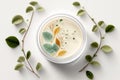 Natural face cream in petri dish on a white table and plant branches, copy space