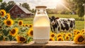 Natural farm cow\'s milk glass bottle , outdoors, flowers protein traditional sun dairy product raw morning Royalty Free Stock Photo