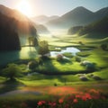 a natural field, mountain spring, sunlight, clear sunny weather