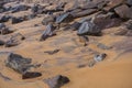 Natural filled frame close up wallpaper background early morning photo of sharp brown black rocks on a wet yellow orange sand Royalty Free Stock Photo