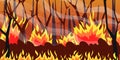 Natural fire. Cartoon burning forest nature disaster, flames on spruce trees and bushes. Vector cataclysm illustration Royalty Free Stock Photo