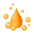 Natural fish, plants oil. Golden drop of fish oil surrounded by spherical drops components of fish oil. Nutrient element