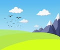 Natural flat spring or summer green landscape with mountains, fields, hills, flying birds on blue sky. stylized scene