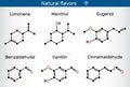 Natural flavors molecules. Structures of limonene, menthol, eugenol, benzaldehyde, vanillin, and cinnamaldehyde Royalty Free Stock Photo