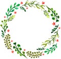 Natural floral circle background with green leaves and red stars