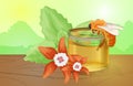 Natural floral honey colorful with honeycombs daisy flowers bees and honey flowing realistic vector