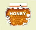 Natural floral honey jar, vector illustration in paper art style. Clover honey frame.