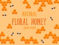 Natural floral honey poster with honeycombs and bee, vector illustration. Cartoon floral honey combs on yellow
