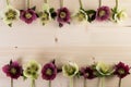 Natural flower frame background with hellebore lenten rose flowers over wood