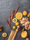 Natural flu and cold remedy ingredients, chamomile flowers, cinnamon sticks, ginger, lemon, honey, cydonia, propolis, garlic Flat Royalty Free Stock Photo