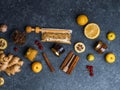 Natural flu and cold remedy ingredients, chamomile flowers, cinnamon sticks, ginger, lemon, honey, cydonia, propolis, garlic Flat Royalty Free Stock Photo