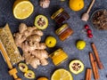 Natural flu and cold remedy ingredients, chamomile flowers, cinnamon sticks, ginger, lemon, honey, cydonia, propolis, garlic Flat Royalty Free Stock Photo