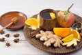 Natural flu and cold remedy - orange and lemon fruit, fresh ginger, honey. Royalty Free Stock Photo