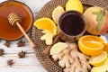 Natural flu and cold remedy - orange and lemon fruit, fresh ginger, honey. Royalty Free Stock Photo