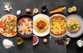 Natural food collage (plates on the black chalkboard)